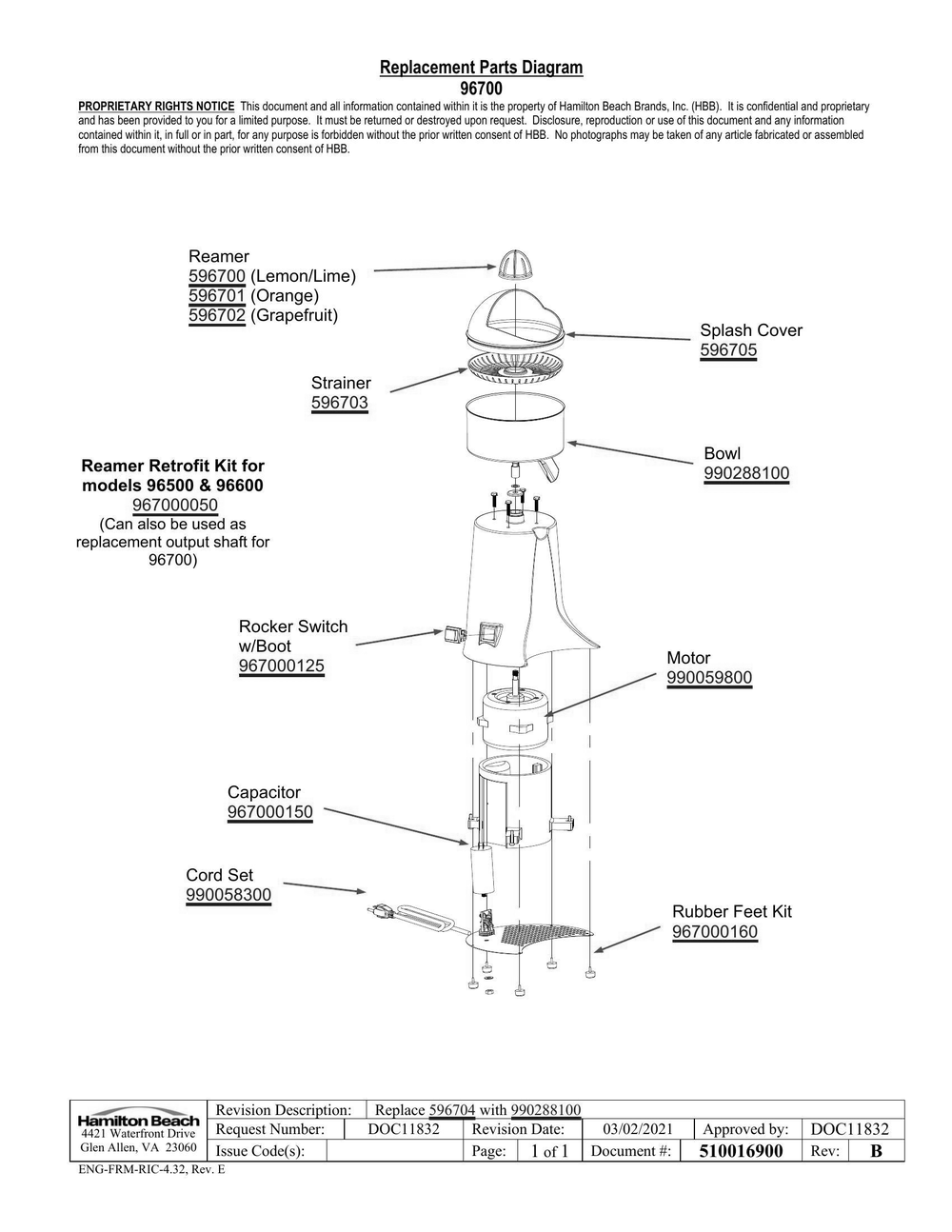 Diagram Diagram and Parts List for 96700  Hamilton Beach Juicer